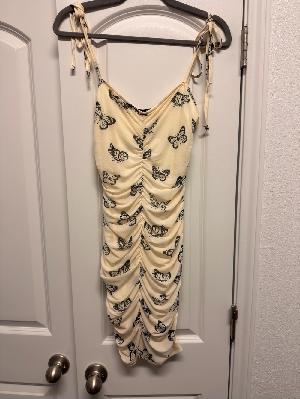 Butterfly-Print Cream Ruched Slip Dress